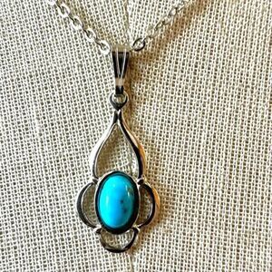 Silver tone and turquoise blue dainty pendant necklace